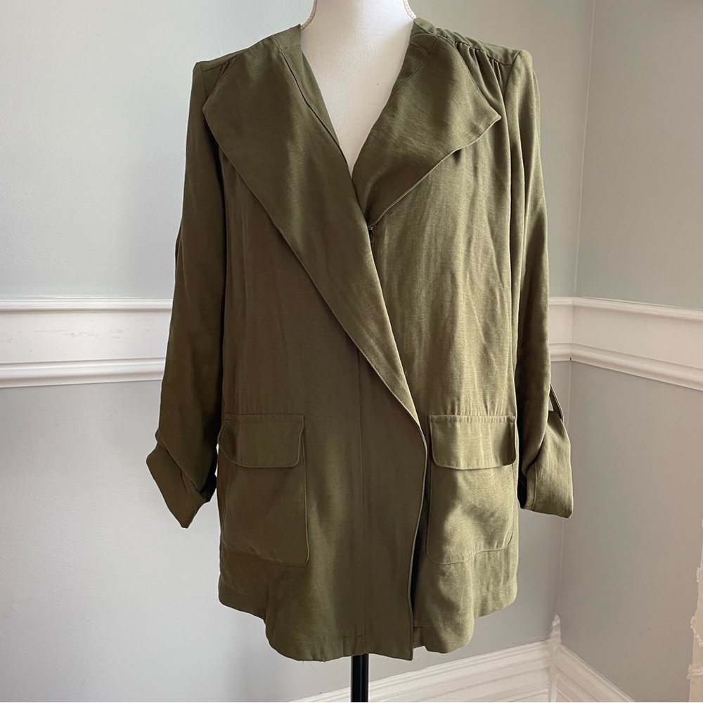 Nine West Olive Green Women's Jacket Roll Tab Sleeve Size Small